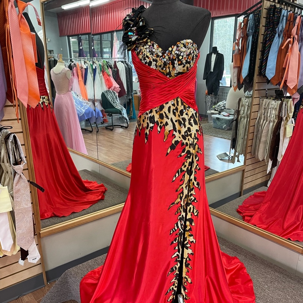 Leopard & Red Formal Gown by Precious Formal’s size 4 with Slit